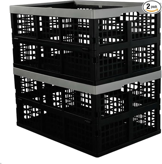 2-Pack 42 L Plastic Collapsible Storage Crates, Large Stackable Storage Container Basket, Folding Crates Storage