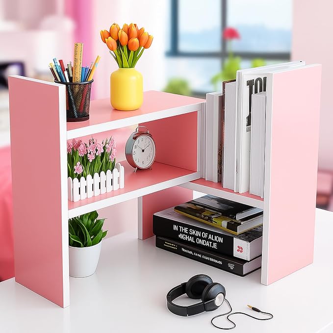 Desktop Shelf Organizer, Adjustable Wood Office Storage Rack, Counter Display Small Bookshelf for Home/Office/School(Pink)