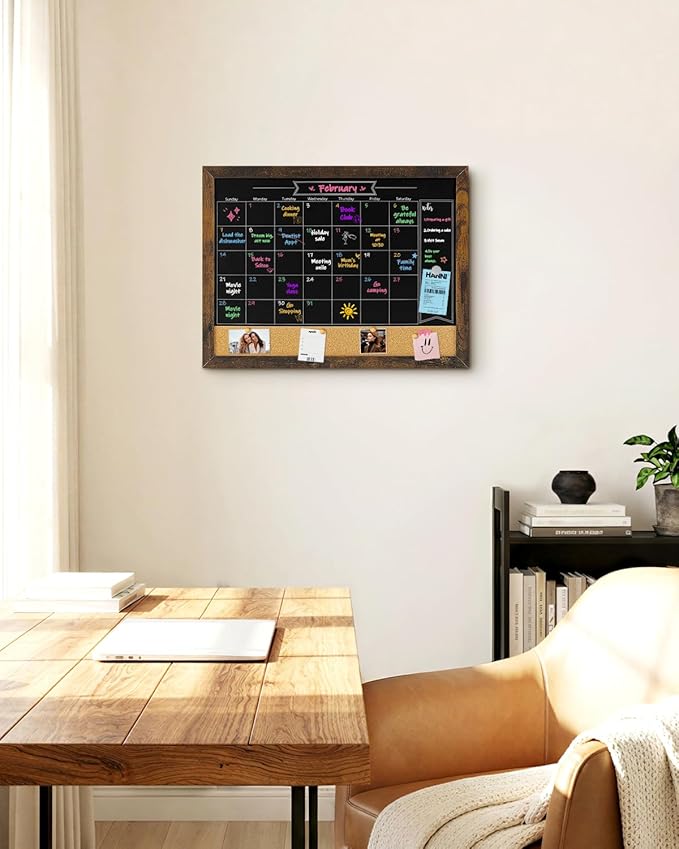 TORASO Magnetic Chalkboard Calendar Corkboard, Small Combination Chalk Board Bulletin Board, 13" x 17",Walnut Brown Framed Blackboard Calendar Cork Combo Board(ZHHB-BN-3343)