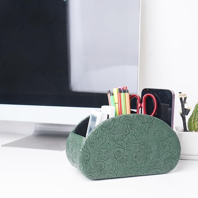 Remote Control Holder, PU Leather Remote Caddy Desktop Organizer with 5 Spacious Compartments for TV Remotes/Media Controllers/Office Supplies (1-Carved3 Green1