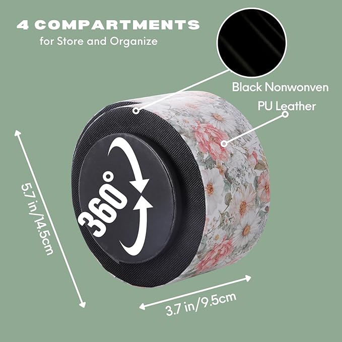 Spinning Remote Caddy for Table, 360 Degree Rotating Desk Organizer and TV Remote Holder, Decorative PU Leather Storage Basket for Bedside, Coffee Table, and Office Stationery, Peony PH128