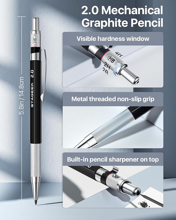 STAGEEK Drawing Pencil Set with Canvas Bag 30 Count, Mechanical Pencils 0.5, 0.7, 0.9MM & 3PCS 2MM Sketch Pencils with 464PCS Lead Refills (6B 4B 2B HB 2H 4H Color) for Artist Drafting Drawing
