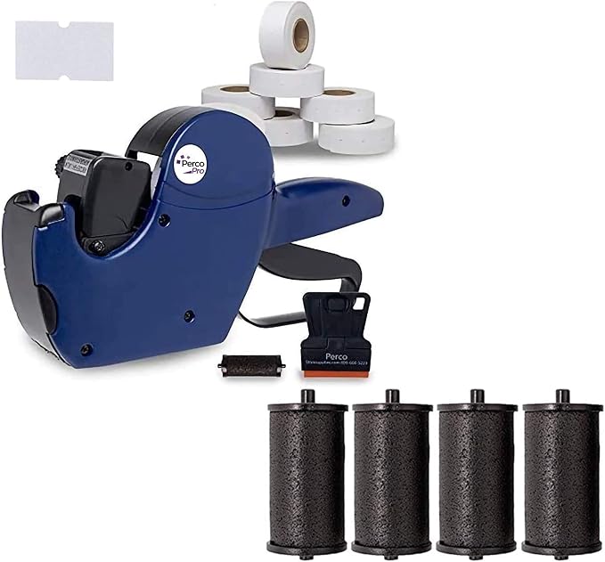 Perco Pro 1 Line Price Gun with Labels Kit, Includes 1 Line Pricing Gun, 10,000 White Labels, with Pre-Loaded Inker Bundled w Perco Ink Roll for Perco Pro 1 Line & Perco Pro 2 Line Perco Labelers