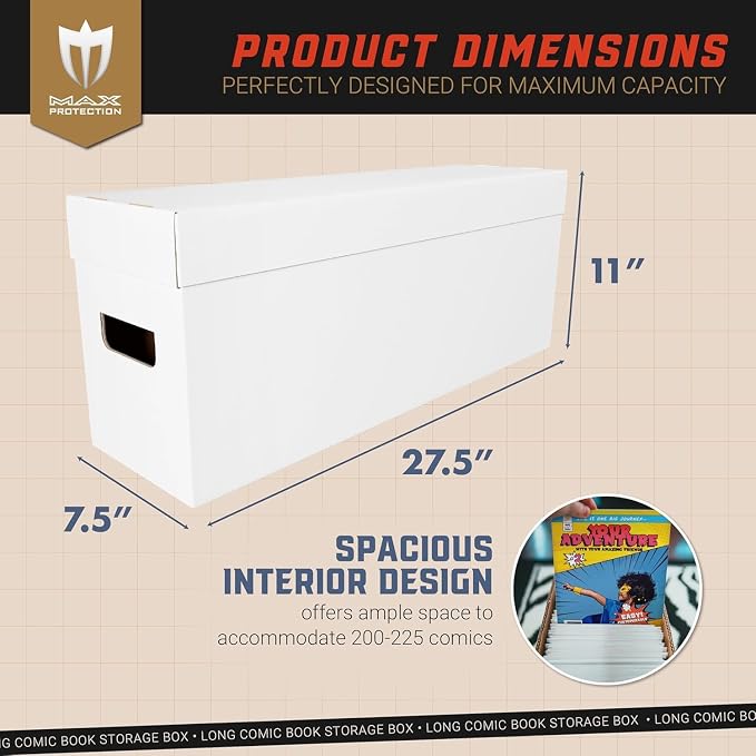 Max Protection Comic Book Storage Box - 2 Count Long Comic Book Boxes with White Corrugated Cardboard - Stackable Bin, Thick Case, Book Containers with Lid - Ideal for Comics, Magazines, Collectibles