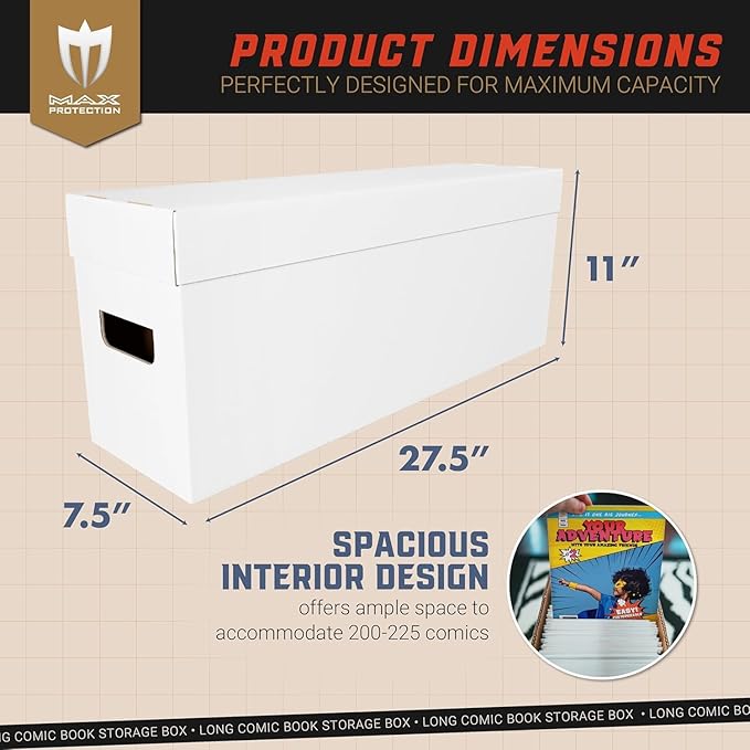 Max Protection Comic Book Storage Box - 10 Count Long ComicBook Boxes with White Corrugated Cardboard - Stackable Bin, Thick Case, Book Containers with Lid - Ideal for Comics, Magazines, Collectibles