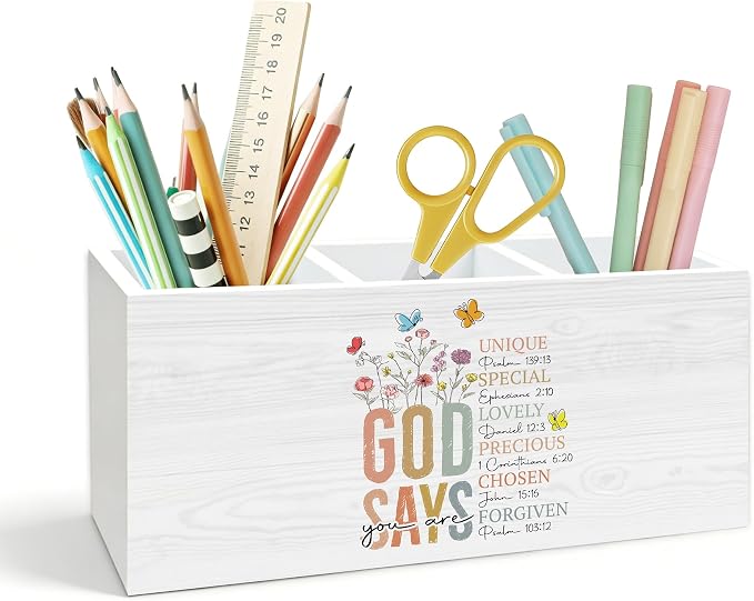Boho Christian Pen Holder for Desk, God Says You Are Gifts for Women, Inspirational Religious Wooden Box Pencil Pen Holder Organizer for Home Office Desk Accessories