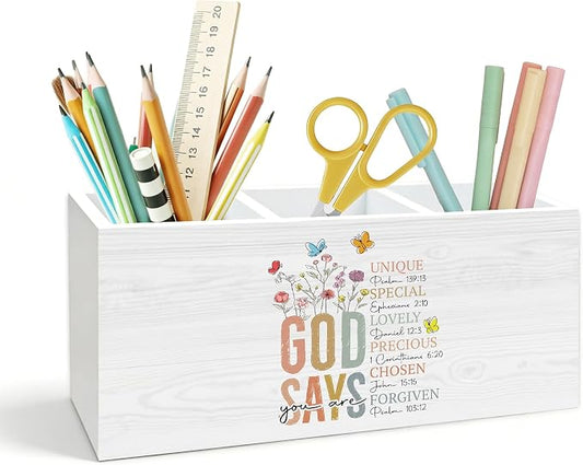 Boho Christian Pen Holder for Desk, God Says You Are Gifts for Women, Inspirational Religious Wooden Box Pencil Pen Holder Organizer for Home Office Desk Accessories