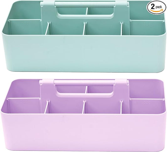 Portable Caddy Organizer -2 Stackable Plastic Caddy with Handle | Desk, Makeup, Dorm Caddy, Classroom Art Organizers (Made In Usa) (Mint/Lavender)