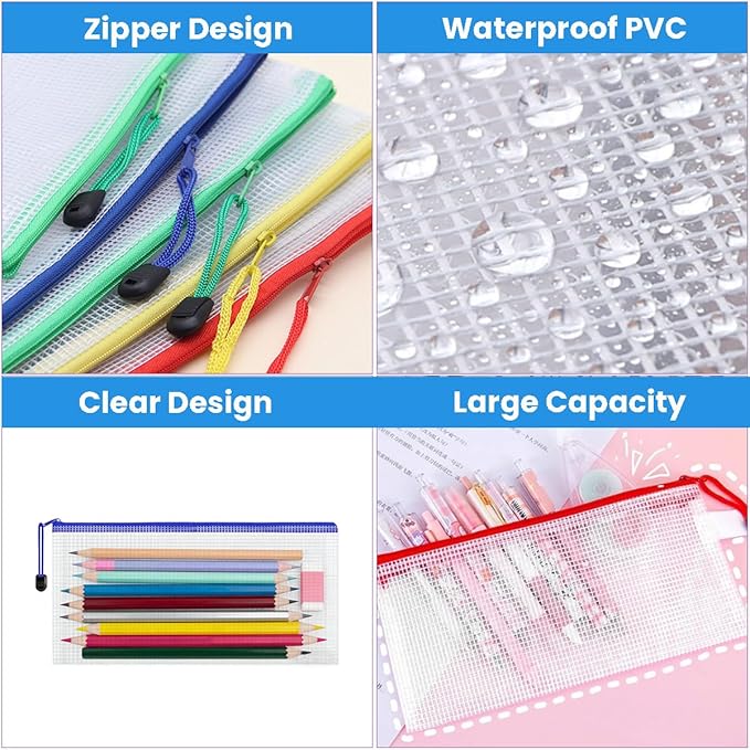 200 Pieces A6 Mesh Zipper Pencil Pouch Bulk Plastic Clear Mesh Storage Bags Waterproof Small Pencil Pouches for School Office Supplies Organization, 9.4 x 4.5 Inches (10 Colors)