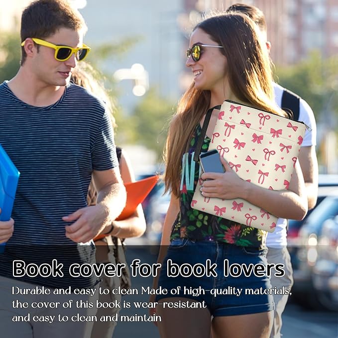 Pink Bow Book Sleeve with Zipper, Book Sleeve Gifts for Book Lovers, Book Cover for Girls Women, Book Covers for Paperbacks, Gifts for Birthday 11.2x8.3 inch