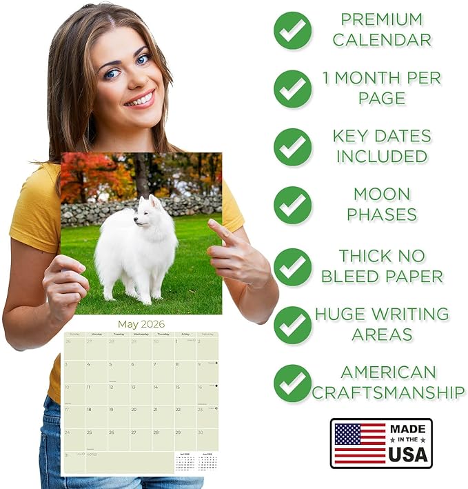 Samoyed Calendar 2026 by MegaCalendars – Monthly Dog Breed Wall Calendar, Made in USA