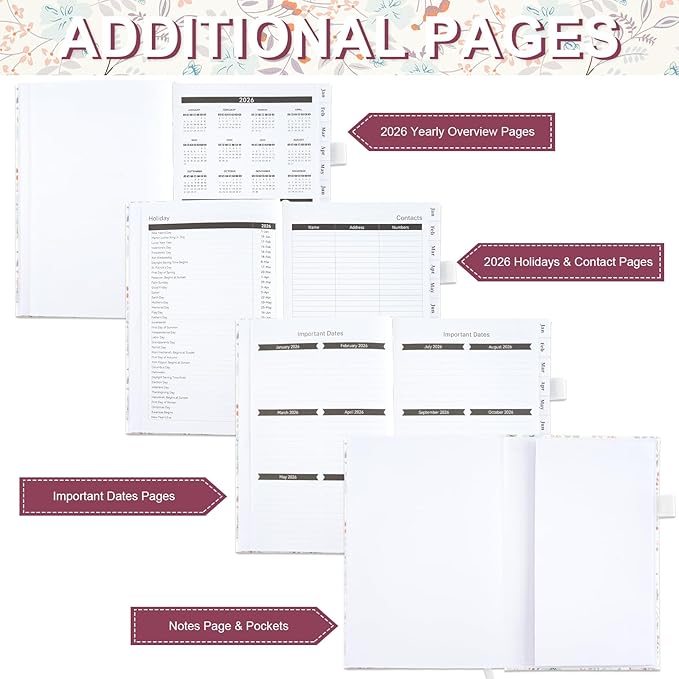 2026 Planner, 2026 Planner Weekly and Monthly with Tabs, 2026 monthly planner with Color Pen, Sticky Notes and Stickers, 6.2" x 8.5", Durable Twin Wire Binding, Storage Pocket - Flower
