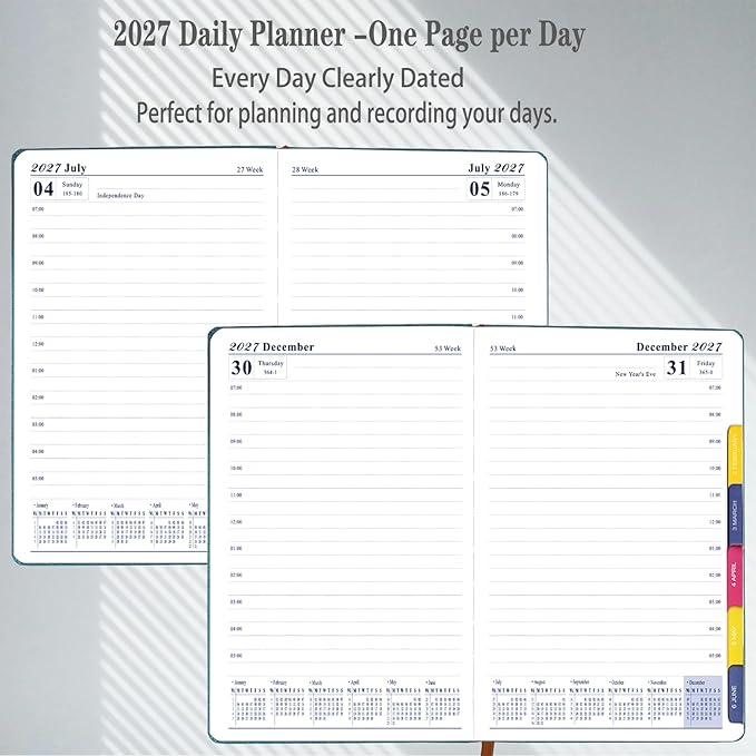 2027 Daily Planner -One Page per Day, Appointment Book 2027, Hourly Daily & Monthly Planner with Tabs(Jan-Dec 2027), 8.26'' x 5.9'' Calendar Planner, Leather Cover + Thick Paper (Brown)