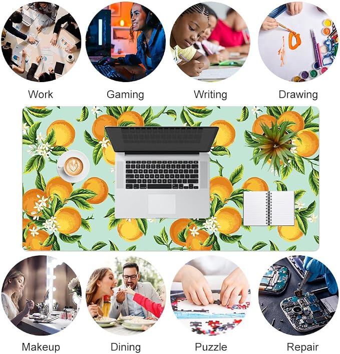 Colorful Star Large Mouse Pad, Watercolor Orange Desk Mat Office Supplies, Waterproof Faux Leather Big Gaming Mousepad, Fruits Flowers Desk Pad Home Office Décor Accessories 31.5" x 15.7"