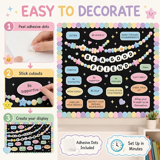 Friendship Bracelet Bulletin Board Set Pastel Back to School Classroom Decoration Motivational Be a Good Friend Friendship Bracelet Bulletin Board Cutouts for Classroom School Chalkboard Wall Decor