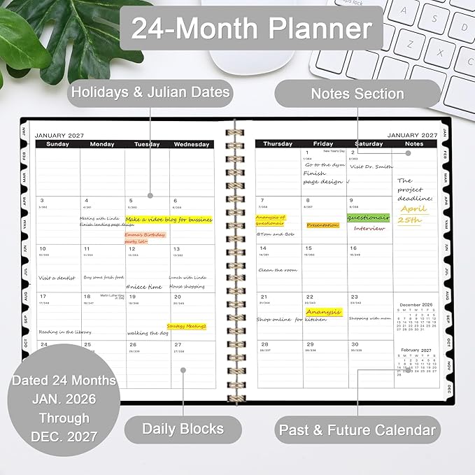 Ymumuda 2026 Monthly Planner - 2 Year Monthly Planner, JAN.2026 to DEC.2027, 8.5" x 11", Large Calendar with Spiral Bound, 24 Coated Tabs,24 Months Perfect for School & Office Schedule, Golden Leaves