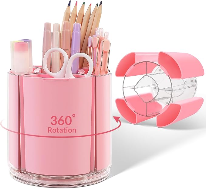 KONVINIT Pink Pen Holder for Desk, 5 Slots 360° Rotating Pen Organizer, Cute Desk Organizers and Accessories for School, Home, Office and Art Supply