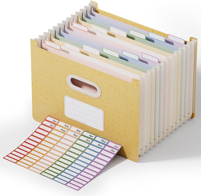 ThinkTex 12-Pocket Accordion File Organizer, Upright Open Top, Monthly Tabs, High Capacity Wheat Straw Expanding File Folder, Fits Letter A4 & Manila Folders for School Home Office -Wheat Yellow