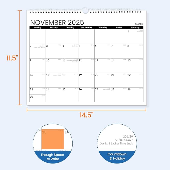 SUNEE Calendar 2026 18 Months Wall Calendar Oct. 2025 - Mar. 2027, 14.5"x11.5" Big Grid Hanging with Thick Paper for Organizing & Planning, Black