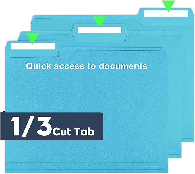File Folders,Colored File Folders Letter Size 8.5" x 11",150 Pack 1/3 Cut Tab Bulk Durable Paper Folders with Blank Labels,File Folder for Office Business School Home Use,Lake Blue