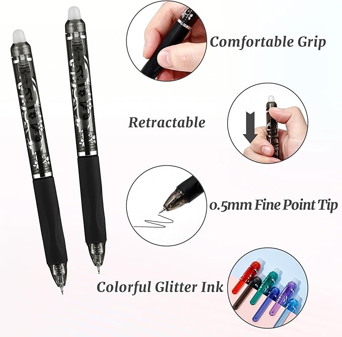 6 Pcs Retractable Erasable Pens, Colored Gel Black Ink Pens Clicker with Erasers, 0.5mm Fine Point Smooth Writing Pen for Journaling Note-Taking Crossword Puzzles Supplies (Black)