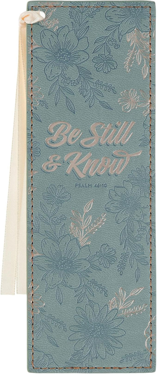 Christian Art Gifts Floral Scripture Bookmark for Women: Be Still & Know Encouraging Silver Bible Verse, Sturdy Faux Leather Heat-Debossed Design, Cream Satin Ribbon Markers for Reading, Marking Pages