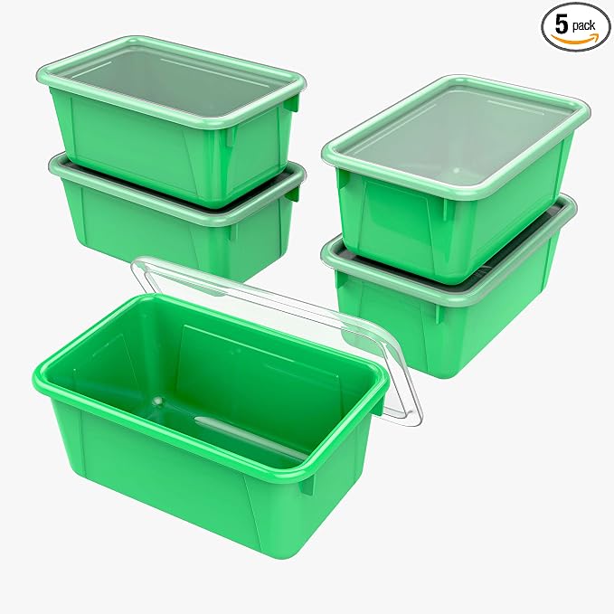 Storex Small Cubby Bins – Plastic Storage Containers for Classroom with Non-Snap Lid, 12.2 x 7.8 x 5.1 inches, Green, 5-Pack (62409A05C)