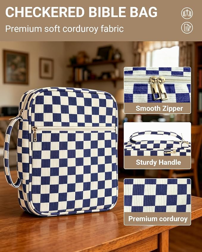 Bible Cover case for Women,Large Bible Bag,Bible Study Supplies,Checkered Corduroy Bible Case for Girls,Christian Gifts for Women,Mother's Day(Blue Large)