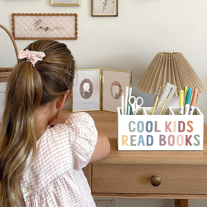 Book Lovers Gifts Pen Holder, Book Reader Gifts Pencil Holder for Desk, Boho Cool Kids Read Books Wooden Box Sign Decorations for Reading Room Corner Nook Classroom Desk Tabletop