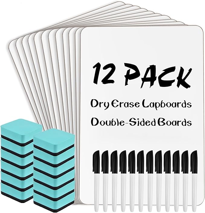 12 Pack Small Dry Erase Boards Classroom Pack 12 x 9 Inch Double Sided Mini White Boards Portable Dry Erase LapBoards for Teacher Supplies with 12 Erasers and 12 Markers