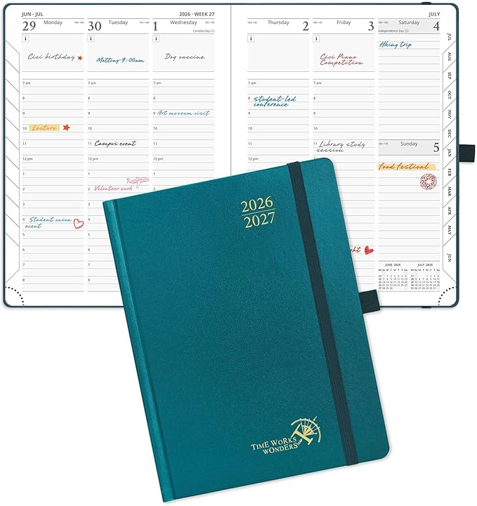 POPRUN 2026-2027 Academic Planner, 6.5" x 8.75", Weekly and Monthly Calendar, July 2026 to June 2027, Hardcover Appointment Book with Verital Layout, Hourly Time Slots, Monthly Tabs - Pacific Green