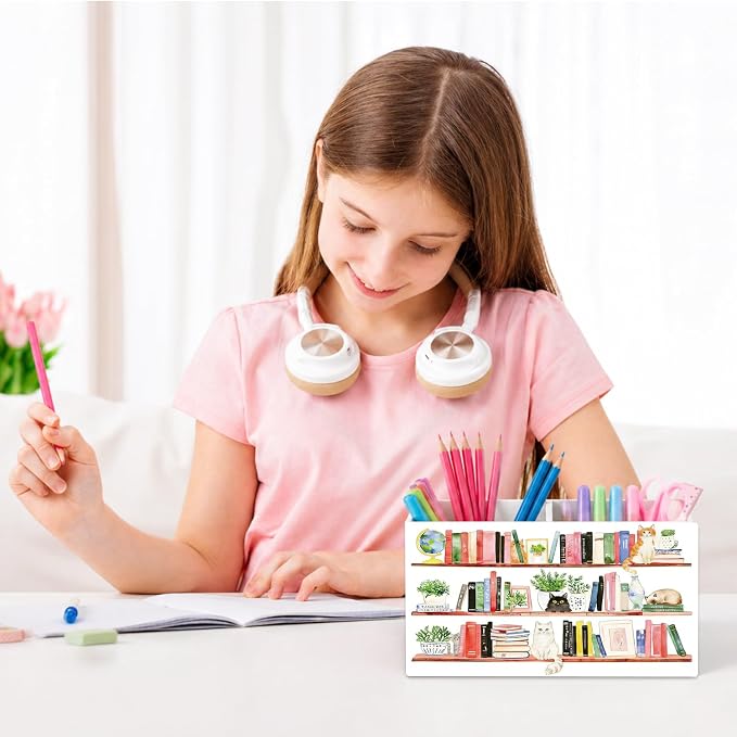 Book Lover Cat Pen Pencil Holder for Desk, Book Lover Reader Bookish Gifts, Retro Whimsical Bookshelf Cat Pencil Holders Wooden Box Organizer for Home Library Reading Room Desk Tabletop