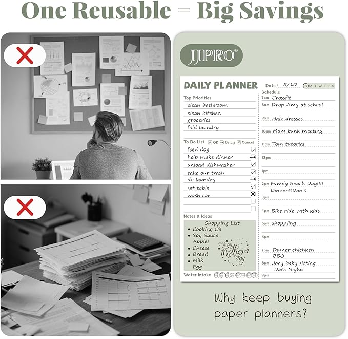 JJPRO Reusable Desktop Daily Planner with Stand,Reusable Time Schedule Board,11"x8.5" Hourly Schedule Dry Erase Board with Time Slots,Desk Hourly Dry Erase Board w/Engineered Wood Stand-Sage Green