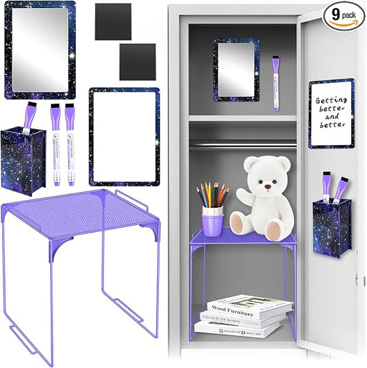 Demonwer 9 Pcs Locker Accessories Kit Purple Starry Sky Locker Organizer Magnetic Whiteboard Mirror Pen Holder Pen for Storage Organizing Shelf Back to School Party Supply