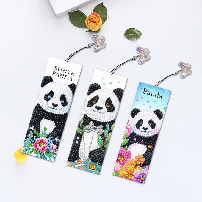 ARTopet 3Pcs DIY Diamond Art Painting Bookmarks with Colorful Butterfly Pendant PET Bookmark Ornament Double Sided Pattern Single Sided Diamond Book Marker Clip Gifts Tags-Panda