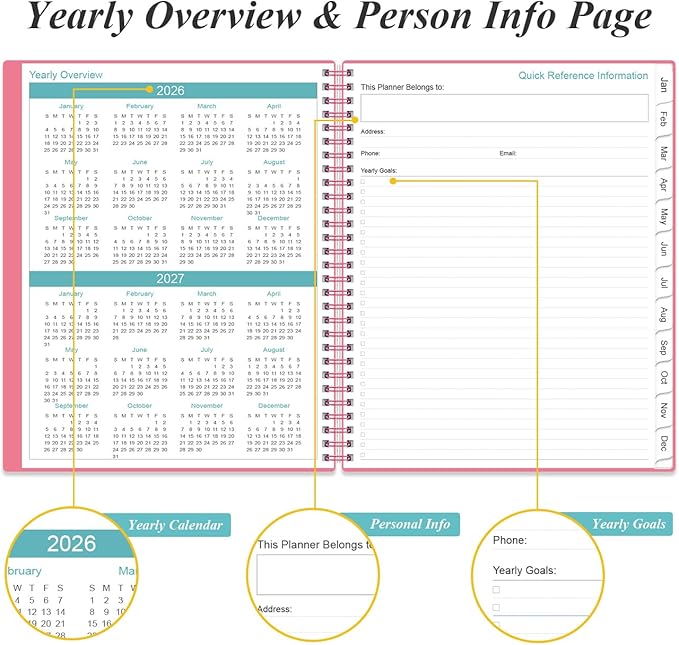2026 Planner - Planner 2026 from January 2026 to December 2026 with 12 Monthly Tabs, Flexible Cover, Inner Pocket, 8.5" x 11", Pink