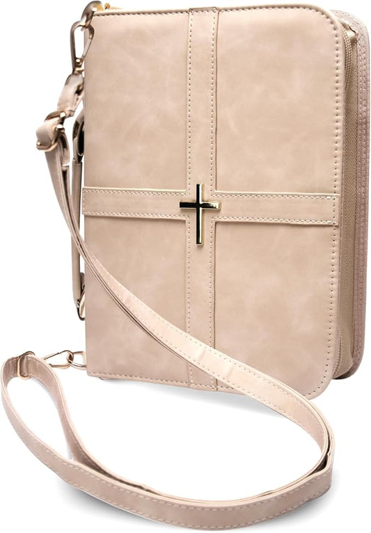 Bible Cover Case for Women (U.S. Patent Pending), Elegant & Practical Bible Case with Shoulder Strap, Light Beige PU Leather Bible Cover, Feminine Bible Bag, Soft Bible Covers for Ladies