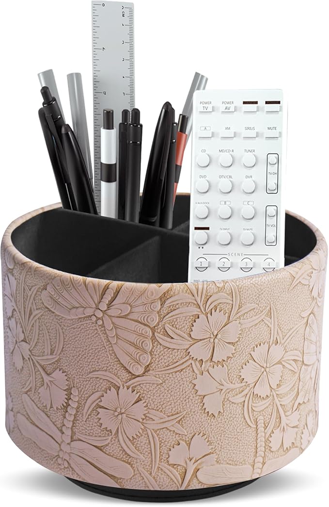 Round Leather Art Supply Organizer,Remote Control Holder,360-degree Rotating Pen Organizer with 4 Compartments(1-Butterfly Brown)