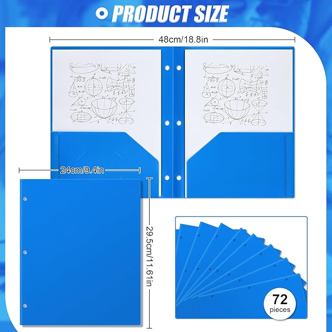 Yeaqee 72 Pcs Plastic Folders with Pockets Bulk 3 Hole Punched 2 Pocket File Folders for 3 Ring Binder Divider Folder for Notebooks, Durable Poly for Office Home (Blue)