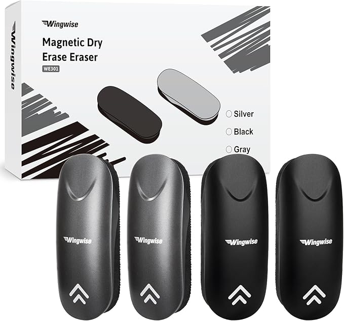 Wingwise Dry Erase Eraser, Magnetic White Board Eraser for Glass Whiteboards, Comfortable Grip, Strong Magnet, 4-Pack, 2 Black + 2 Gray