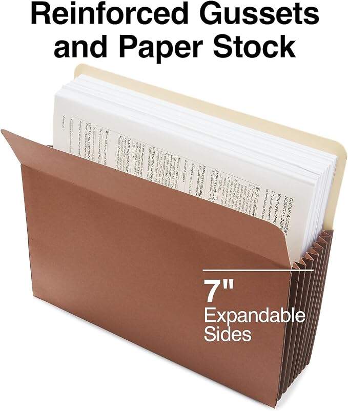 Staples Recycled Reinforced File Pockets, Letter Size, Extra‑Wide 7‑Inch Expansion, Heavy‑Duty Brown Accordion Folders – 10/Carton