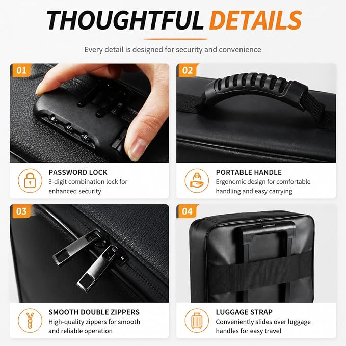 Fireproof Document Box with Lock, 8-Layer Waterproof Fire Resistant Safe Box, Upgraded Heat Insulated Storage Box, Portable Home Travel Organizer for Files, Certificates & Valuables - Black（Soft）