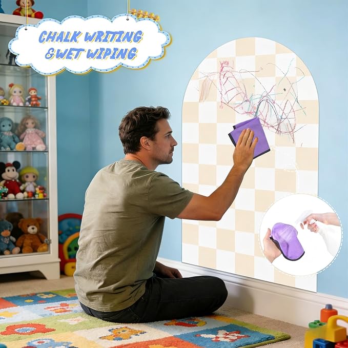 Magnetic Chalkboard Wall Decal 24''x40'' Arch - Removable Reusable Peel and Stick (No Wall Damage) Extra Strong Magnetism - Easy Clean Chalkboard for Home Office Playroom (Beige White Checker)