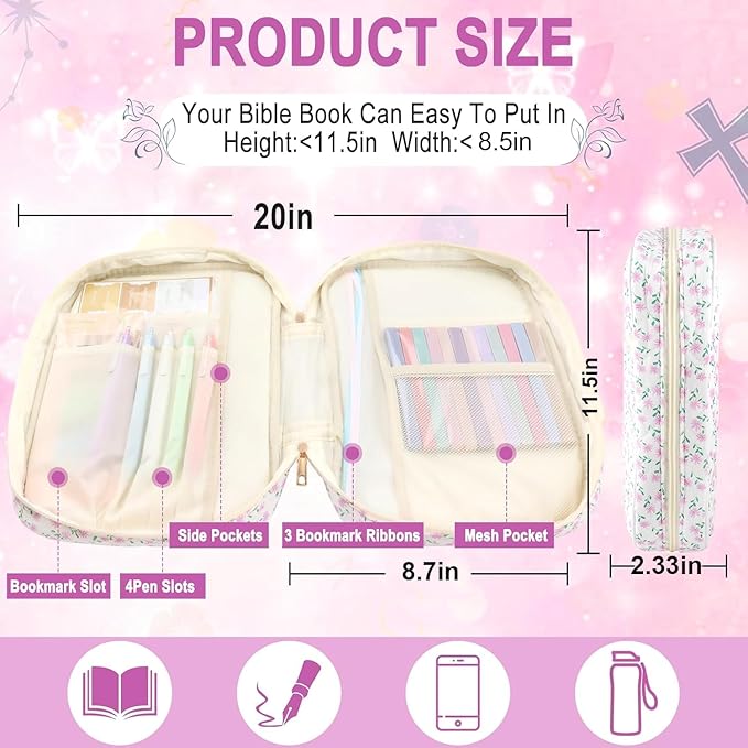 Zkptops Bible Cover Case for Women Large Bible Bag Cotton Quilted Bible Carrying Case with Zipper Pocket and Handle Carrying Book Cover for Christian Study Supplies Christian Gift(Purple Flower)