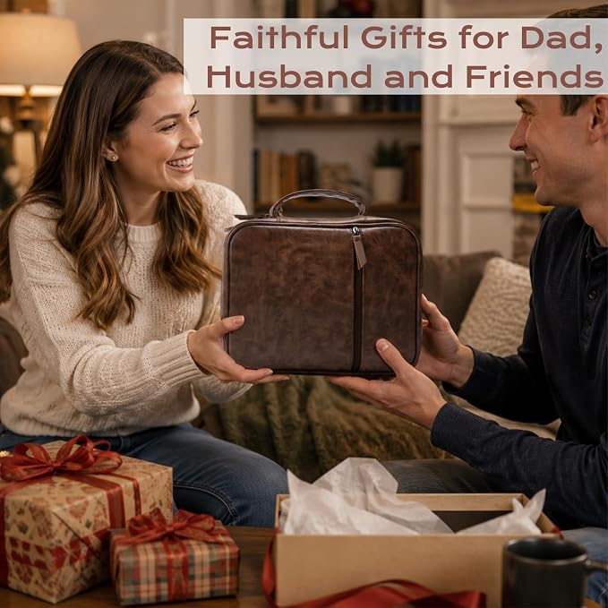 XKDOUS Leather Bible Cover Book Carrying Case Classic Church Bag Holder Portable Study Supplies Organizer with Handle, Pockets Father Day Christian Gift for Dad, Men, Women, Friends