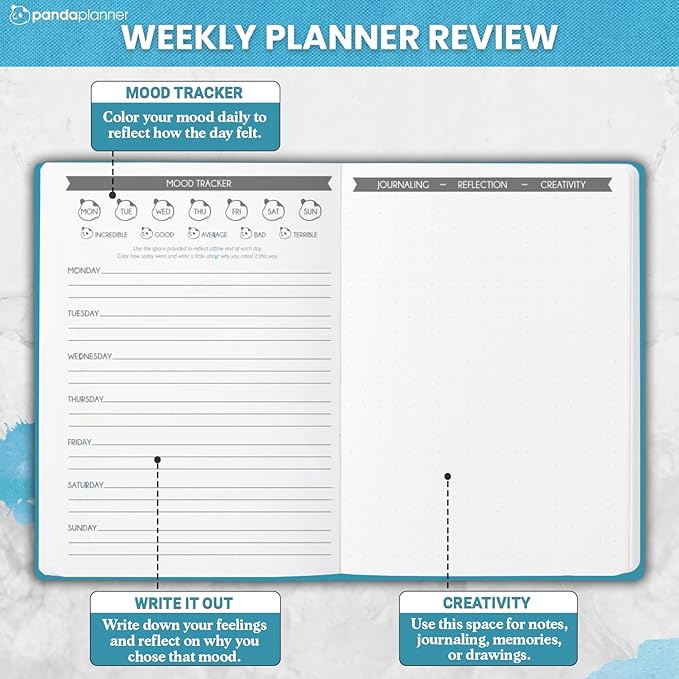 Panda Planner Mental Health Journal – 8.5” x 11" Soft Fabric Hardcover Wellness Planner with Mood Tracker & Journaling Prompts – Undated 12-Month Self-Care Organizer with 3 Bookmarks (Blue)