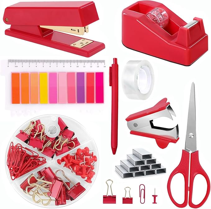 Office Supplies,Red Desk Accessories,Office Supplies Set,Stapler and Tape Dispenser Set,Scissors,Staple Remover,Binder Clips,Staples,Ballpoint Pen,Index Tabs with Ruler,Clear Tape.9pcs for Office