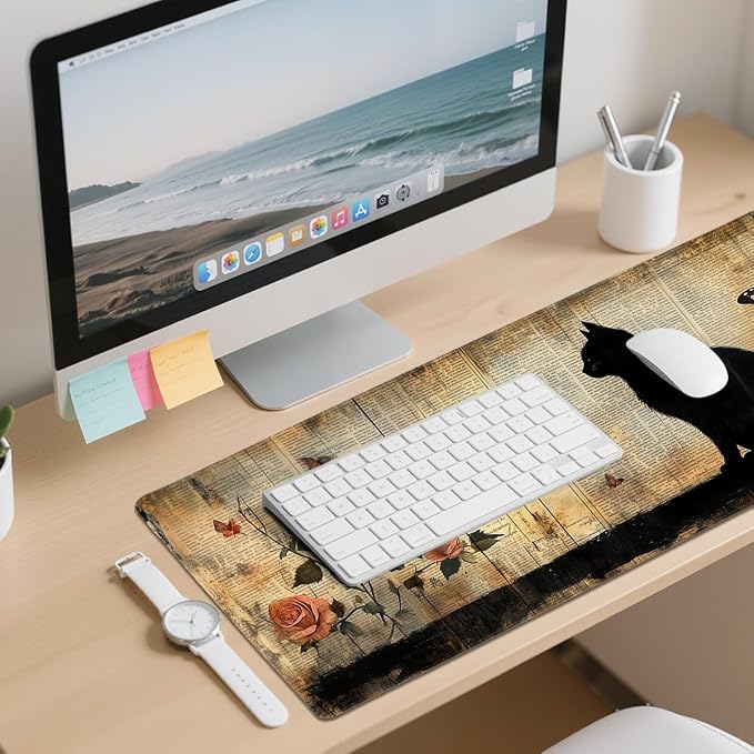 Black Cat Desk Mat 35.4 x 15.7 Inches Rose Butterfly Vintage Book Gaming Mouse Pad with Non-Slip Rubber Base, Smooth Cloth Surface Desk Keyboard Mat for Computer, PC, Laptop, Desktop