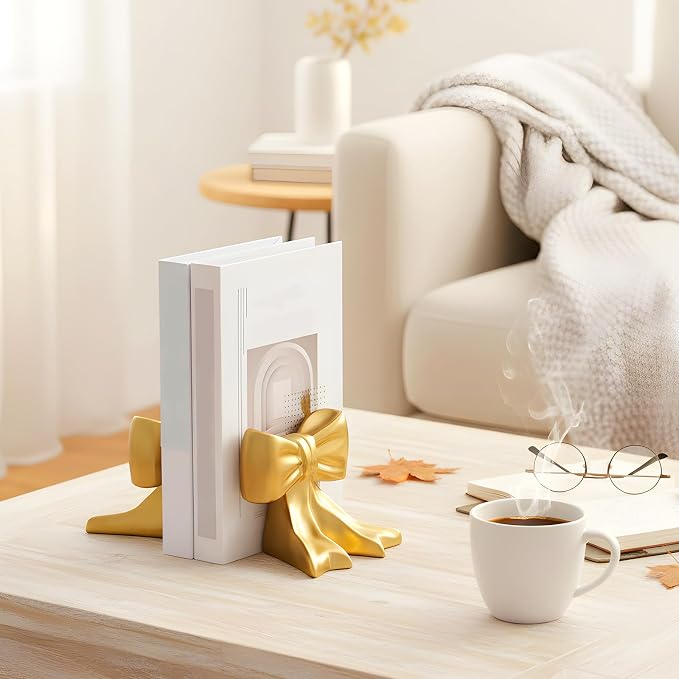 Leinuosen 2 Pcs Gold Bow Bookends Ceramic Cute Book Ends Decorative Book Stand Bow Sculpture Statues Tabletop Shelf Ornament Room Decor for Home Office School Dorm Girl Desk