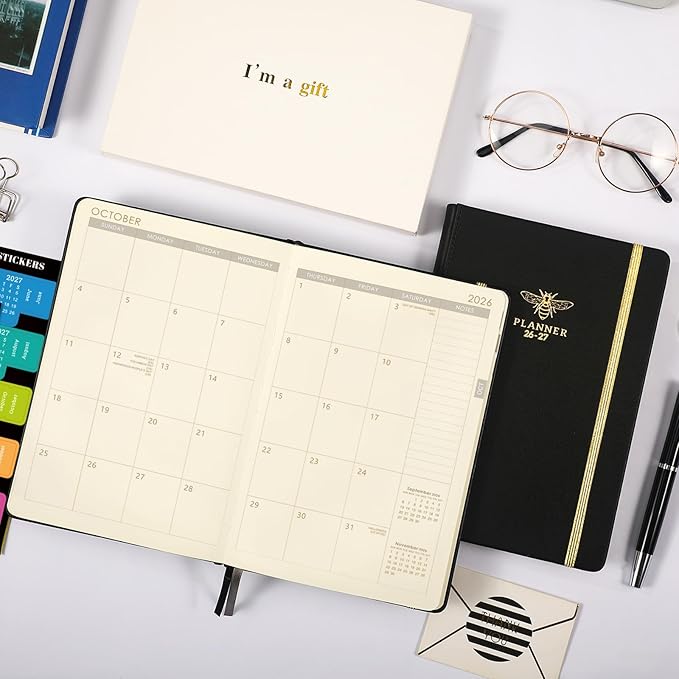 2026-2027 Planner - Planner 2026-2027 Weekly and Monthly with Calendar Stickers, JUL 2026 - JUN 2027, 5.75" x 8.25", Saffiano Leather, Pen Loop, Back Pocket - Black Bee
